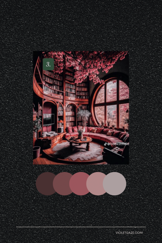 cottagecore color palette red library with roses on ceiling