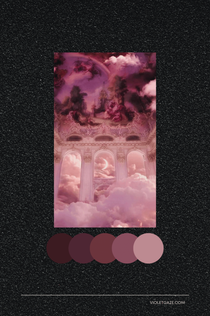 cottagecore color palette red and pink heavenly clouds and home with moon