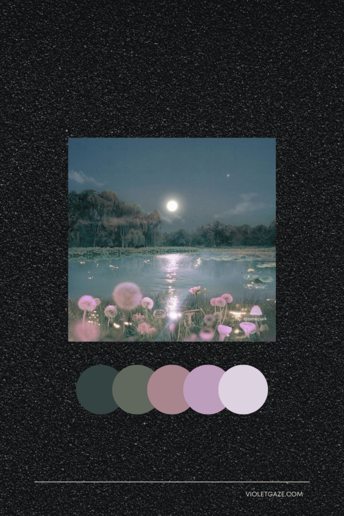 cottagecore color palette moonlight over lake with dandelions