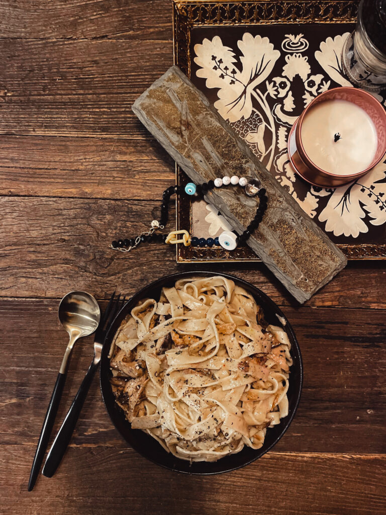 plant-based mushroom noodles on wood table