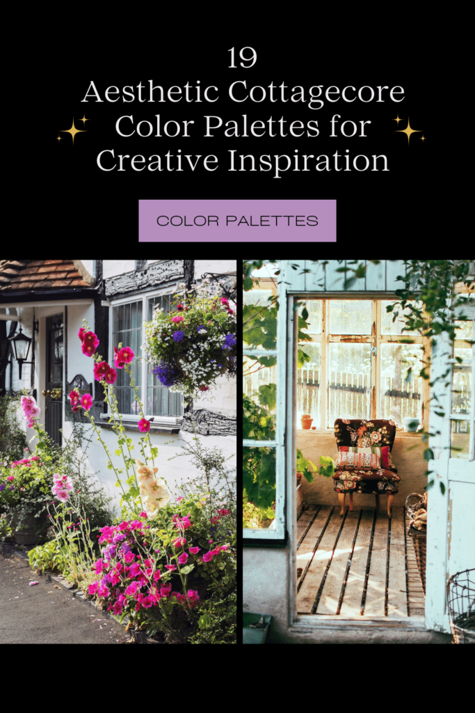 Infographic saying 19 aesthetic cottagecore color palettes for creative inspiration