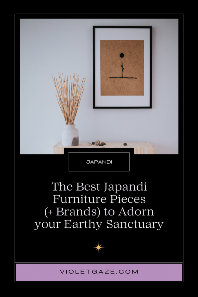 infographic of the best japandi furniture pieces and brands to adorn your earthy sanctuary with a picture of a white wall with a scandi photo and a simplistic wooden table underneath it