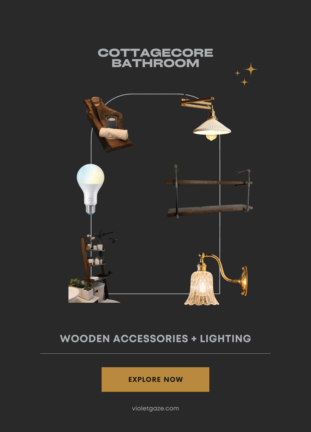 cottagecore bathroom wooden accessories and lighting