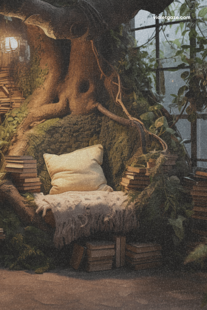 fairy cottagecore cozy reading nook by window