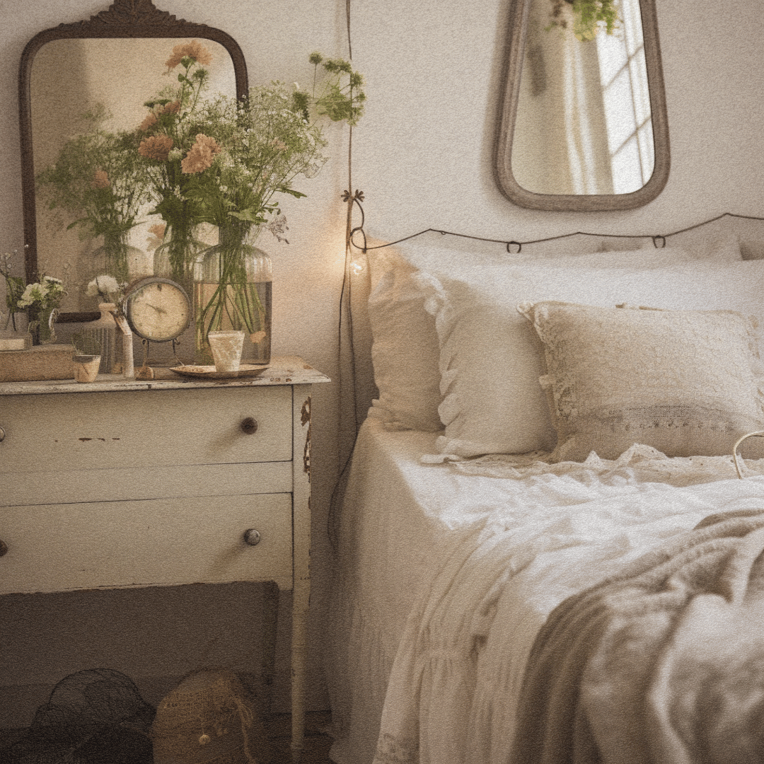 cottagecore white linen bedside with vintage cabinet and mirror and flowers