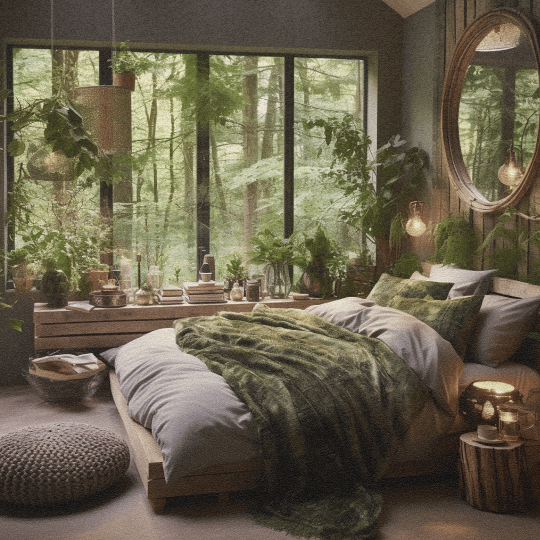 forestcore bedroom with gray bedding, green blanket, forest view, mirror over bed, hanging plants
