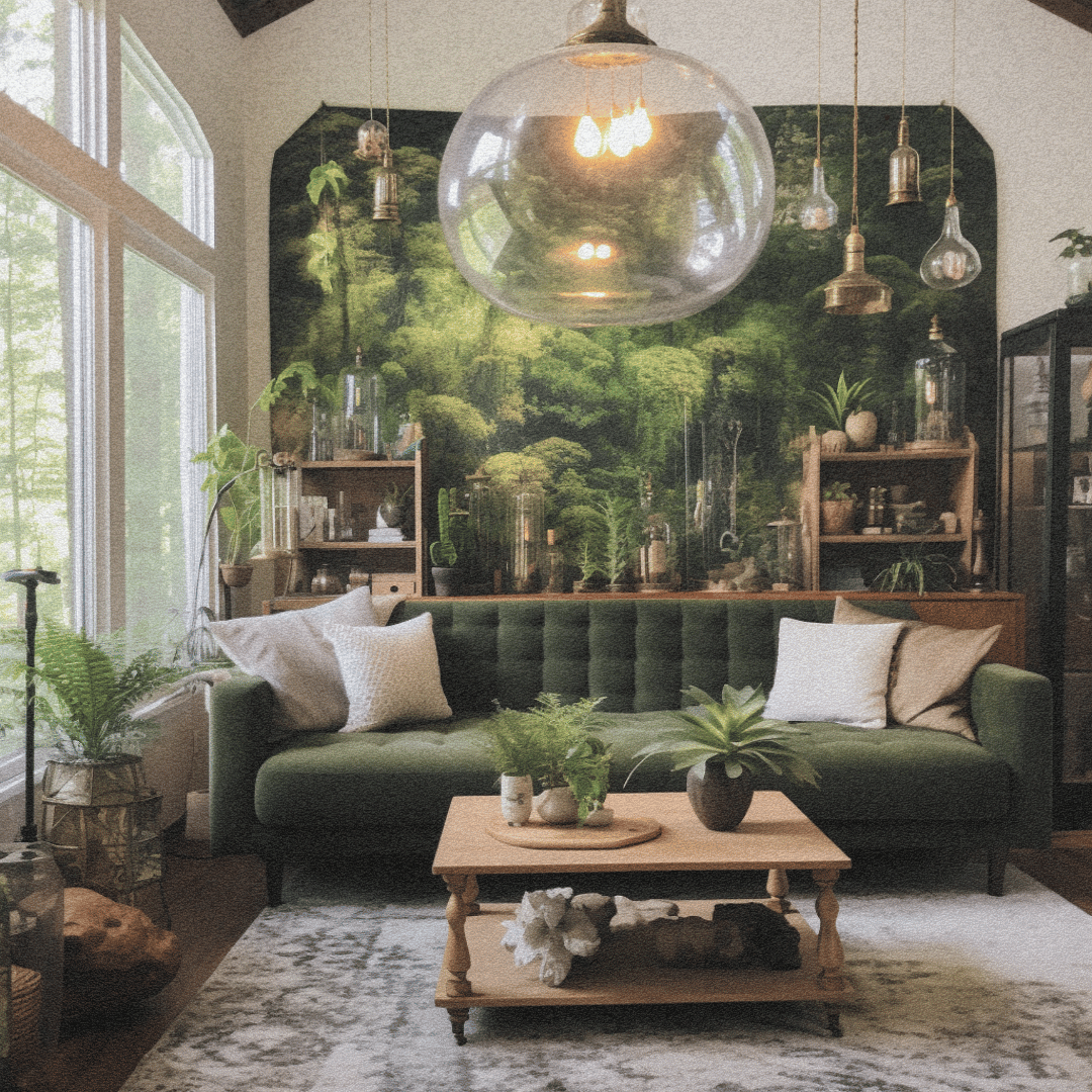 forestcore living room tall ceilings tall windows, hanging lights, green couch, forestcore forest tapestry