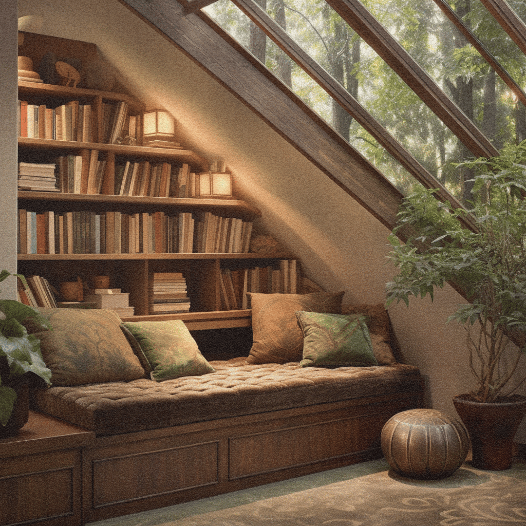 forestcore reading nook beige and wood with bookshelf