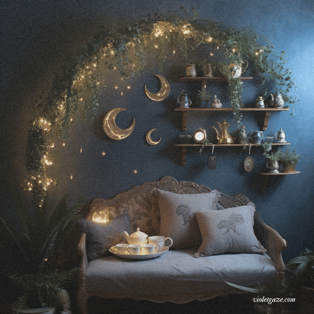 arch on blue wall with moon decor above white couch