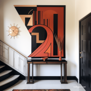 art deco entryway with orange and black artwork from list of interior design styles