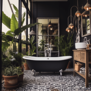black boho bathroom with eclectic flooring and black tub