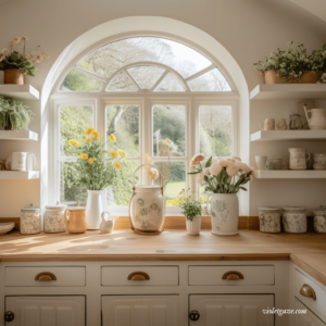 cottagecore kitchen clean white and vintage pots