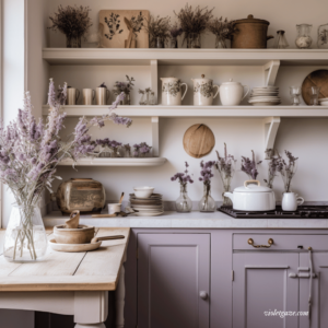 cottagecore white and lavendar kitchen dried flowers from list of interior design styles