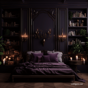 dark academia dark plum walls bed and sconces