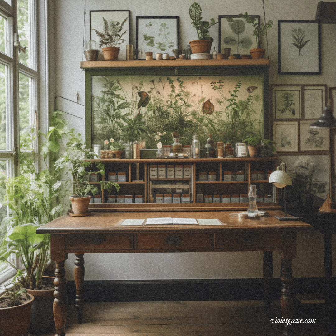desk with botanical prints by large window