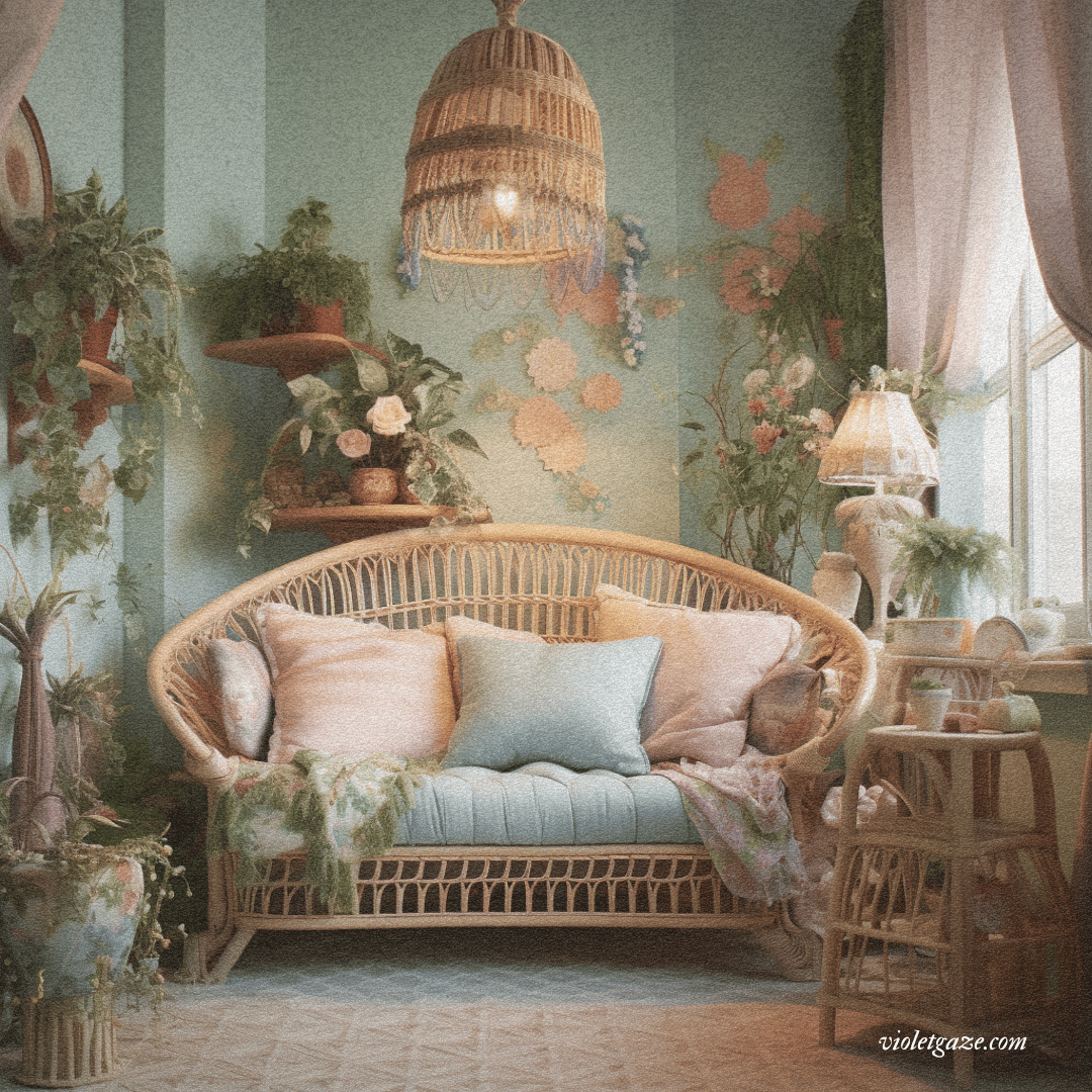 fairycore cottagecore couch with pastel colors and boho lamp