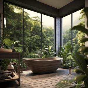 forestcore bathroom with wooden tub and tall windows from list of interior design styles