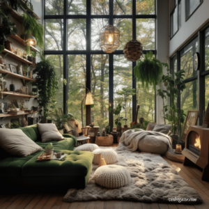 forestcore living room tall windows soft and cozy