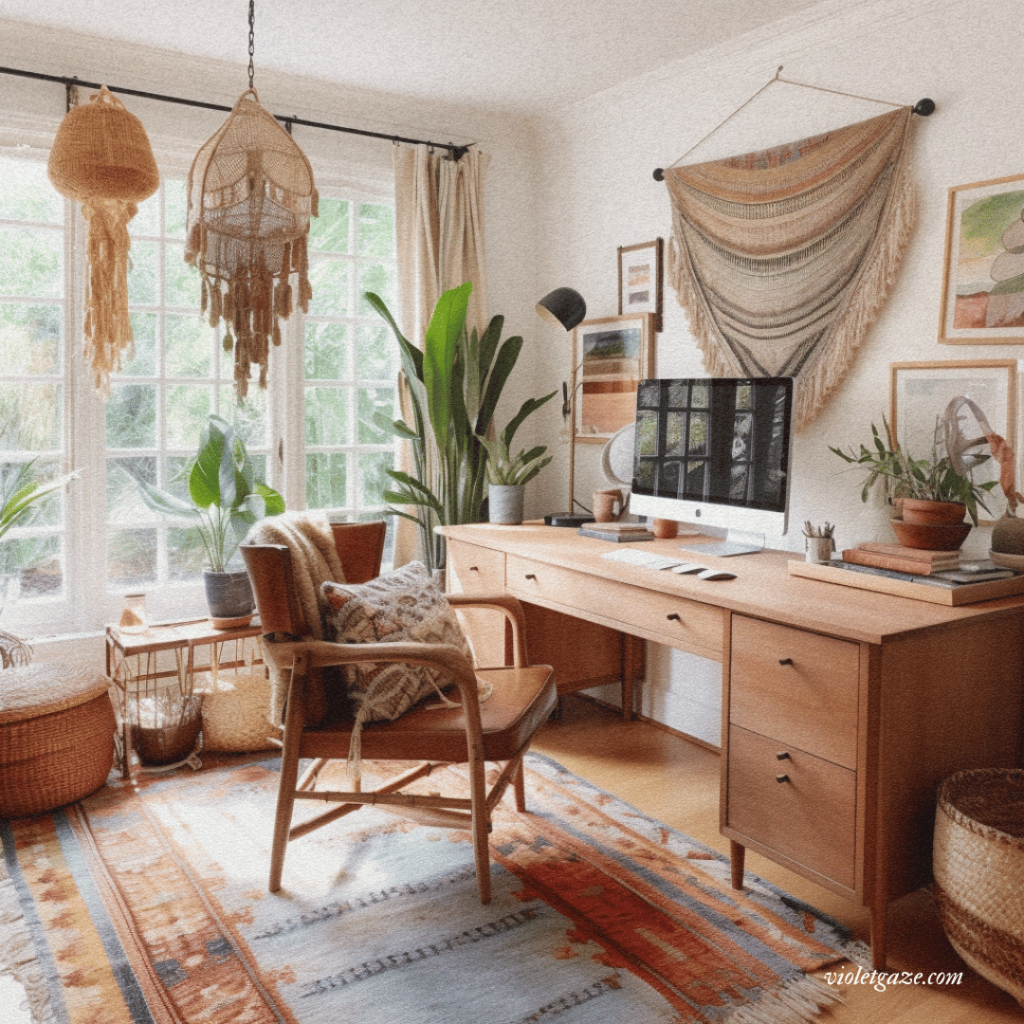 light boho home office with macrame and hanging fixtures