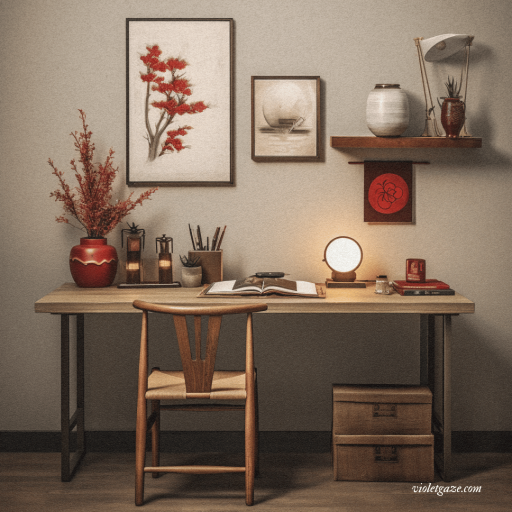 gray and red japanese interior with simple desk and red accents