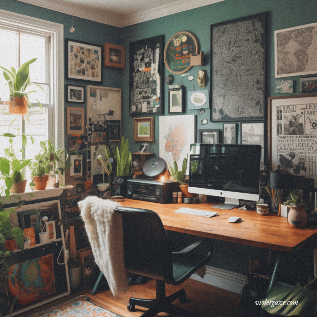 artist corner with deep teal gallery walls and plants with macbook
