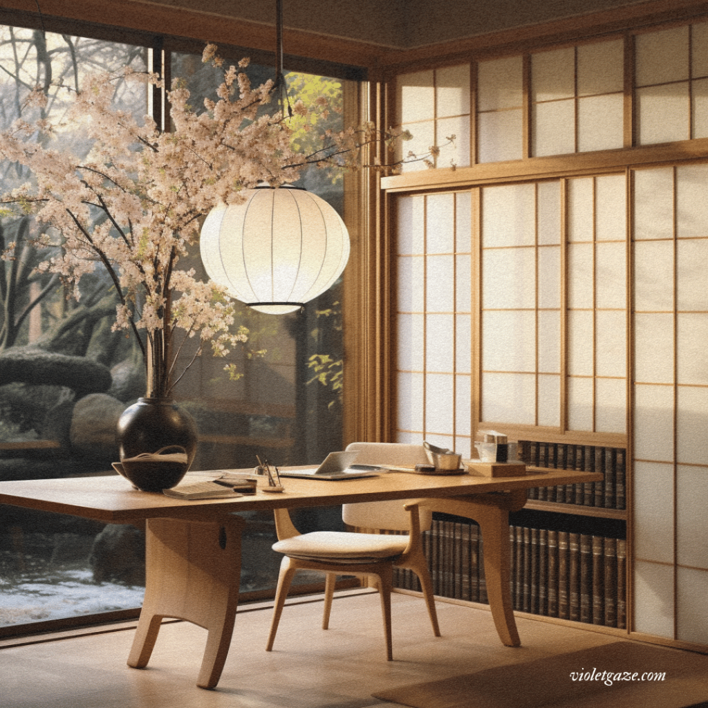 japanese interior with cherry blossoms and paper lantern with beautiful full wall window and books