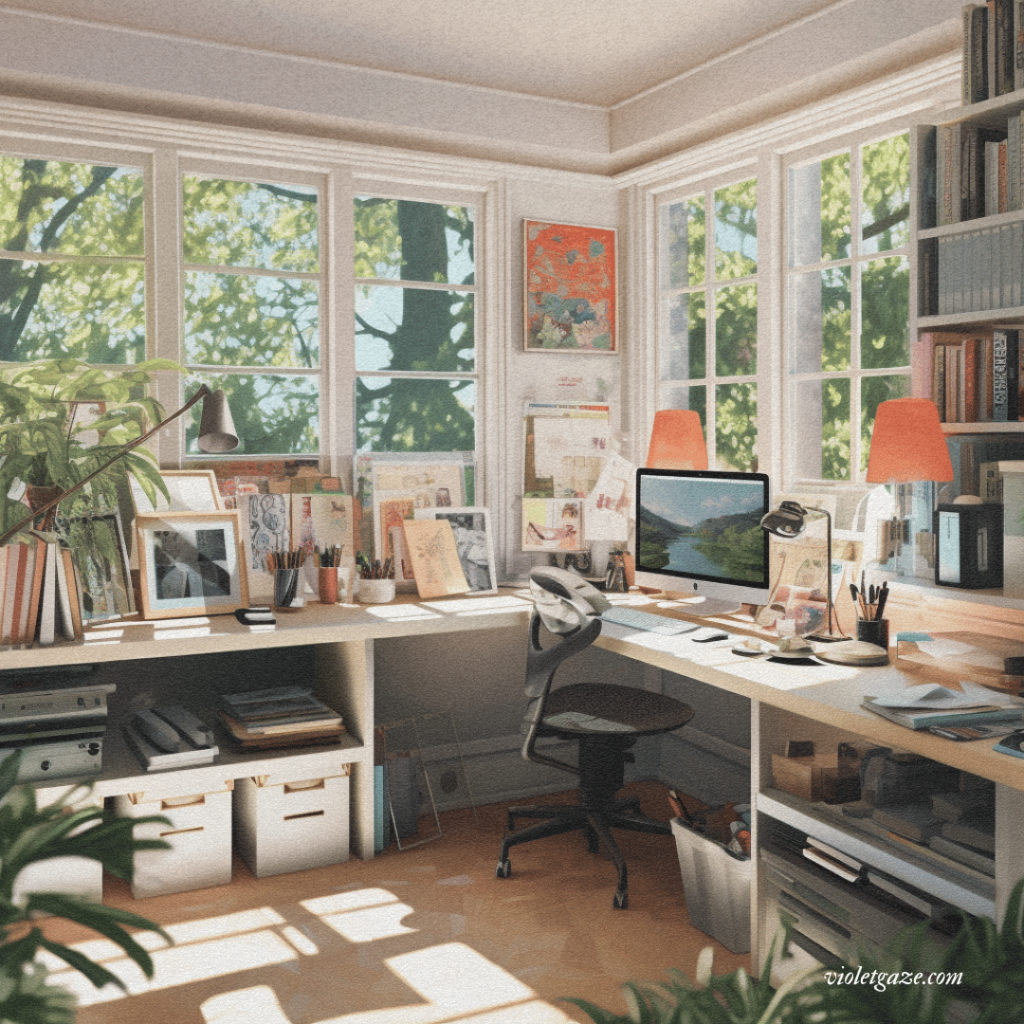 artist studio by window with orange pops of color