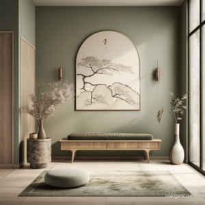 japandi green entryway with arched picture and plants from list of interior design styles