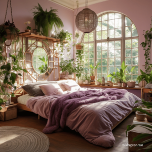 pink boho bedroom plants and arched window from list of interior design styles