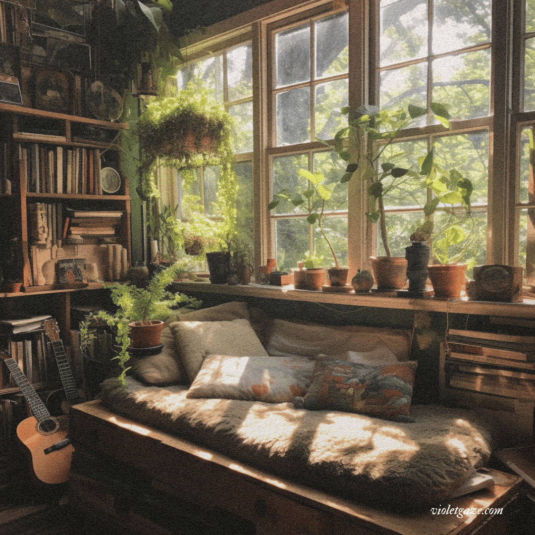 shadowy living room with books with long windows and potted plants