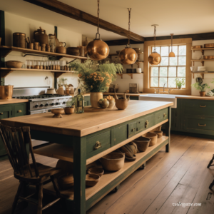 warm farmhouse green and wood and gold cozy kitchen