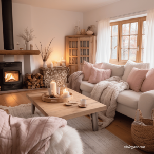 warm farmhouse white and pink room cozy fireplace from list of interior design styles
