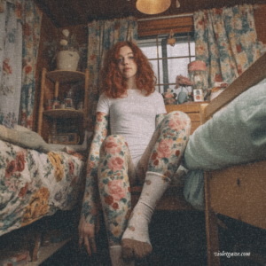 girl in floral bedroom with fun leggings