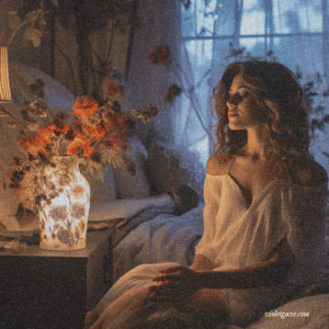 woman in bedroom with glow vase