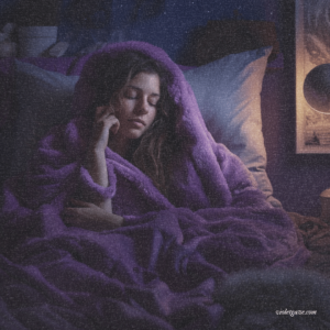 woman resting in cozy purple blanket in bed
