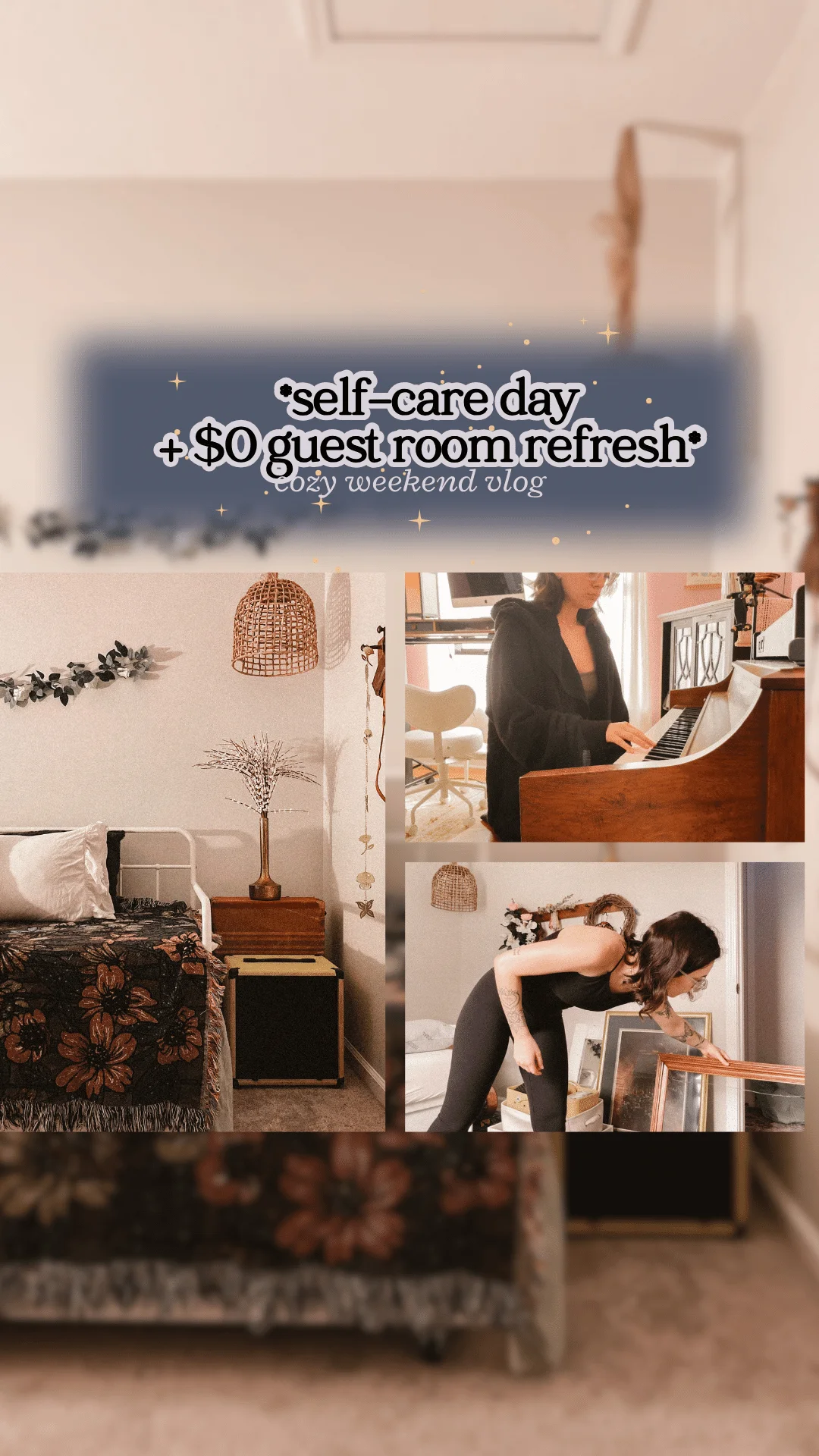 graphic promoting singer songwriter vlog as she designs a room and plays piano