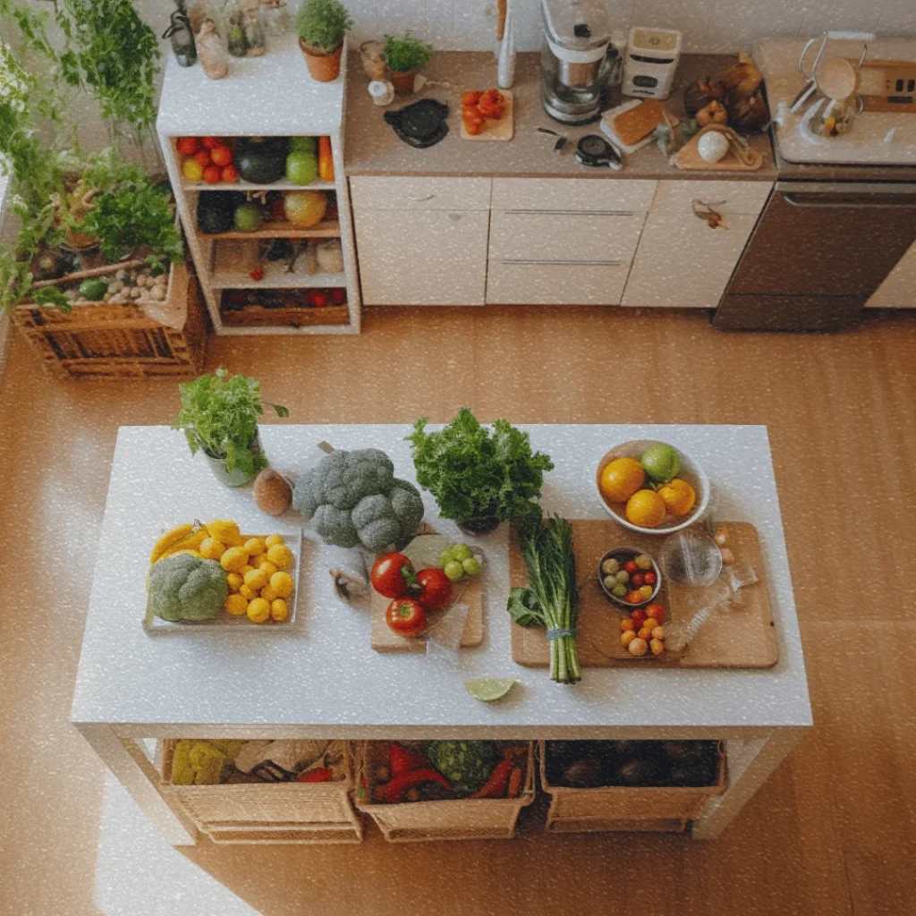 bird's eye view of a minimal, feminine kitchen island with fruits and veggies around