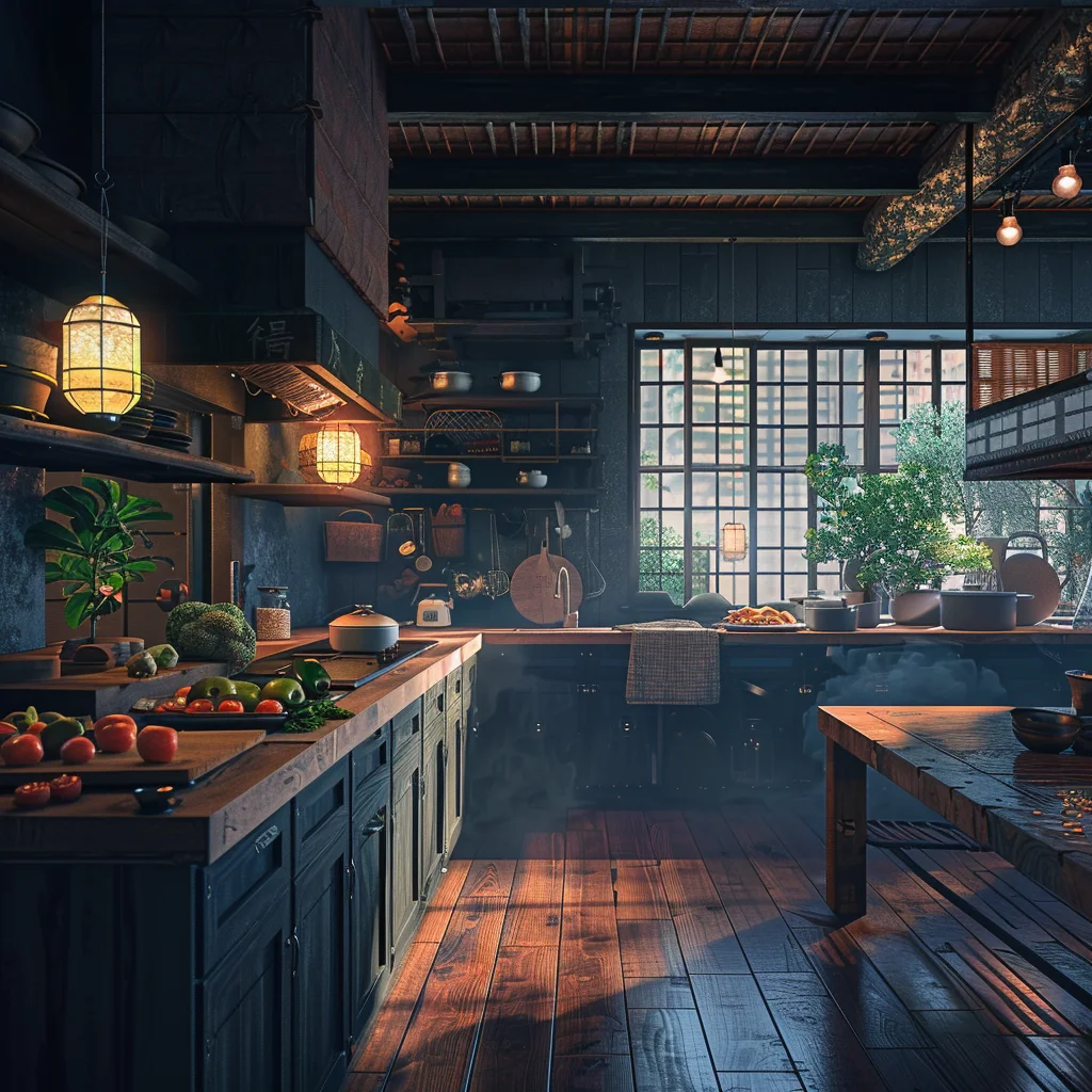 image of a moody black kitchen with wood accents and foods