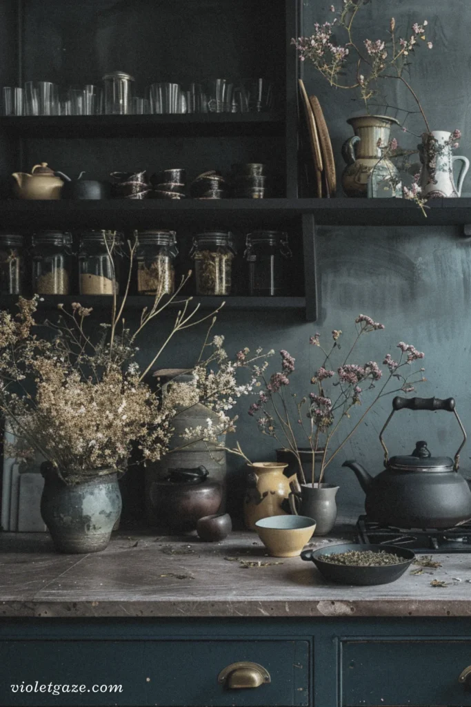 image of a moody kitchen with looseleaf teas on display with a dried floral branch