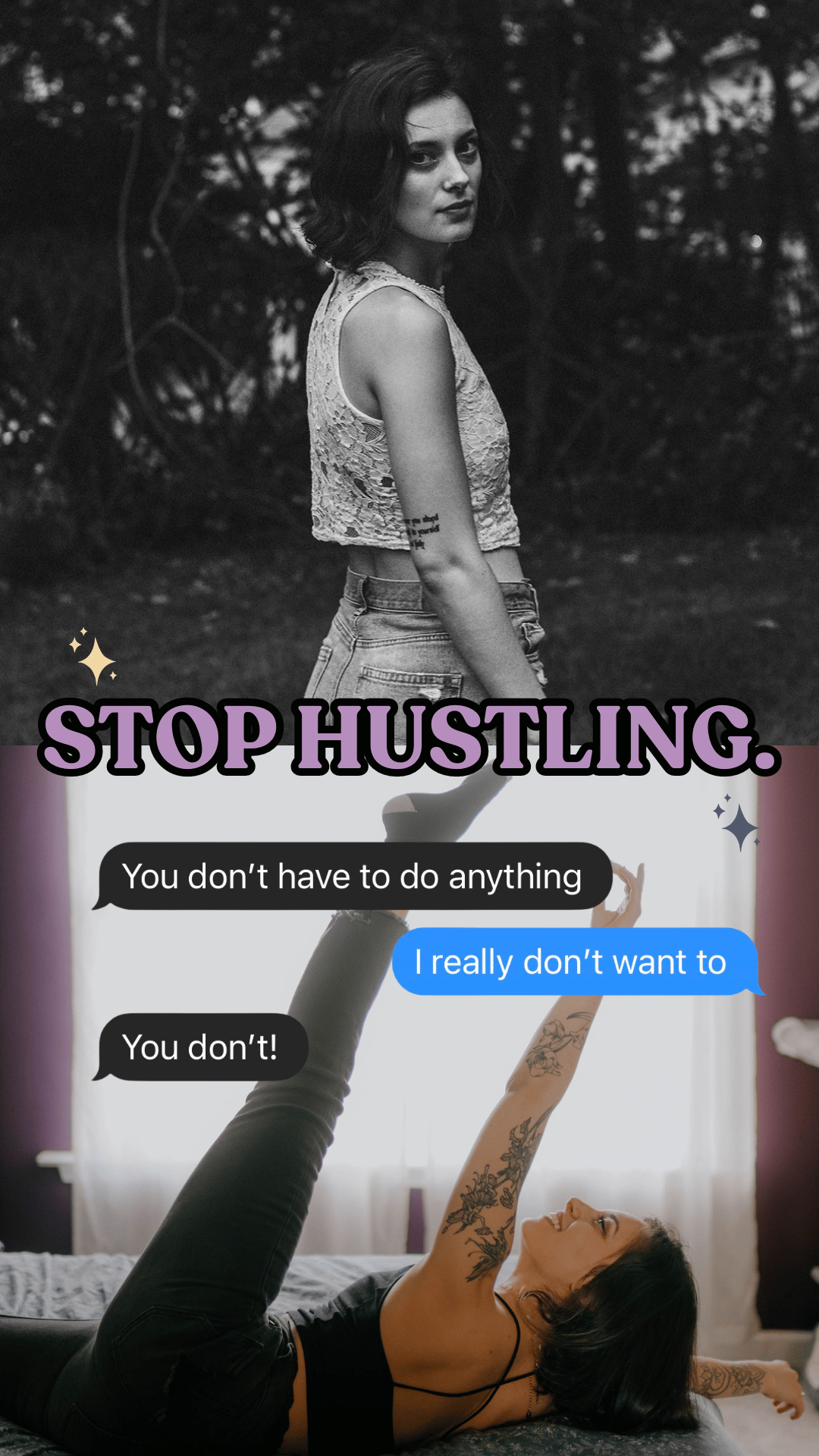 graphic of a girl with the words stop hustling
