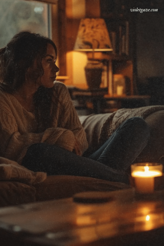 image of a girl in a cozy sweater sitting on a table with a candle in front of her