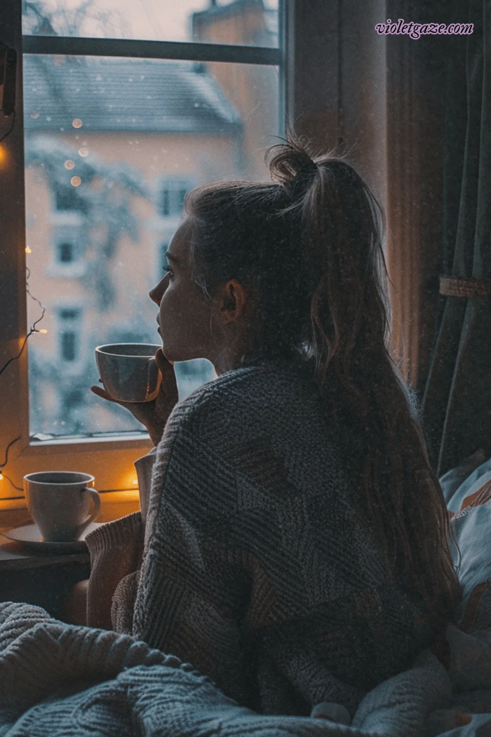 image of a girl looking out the window sipping tea