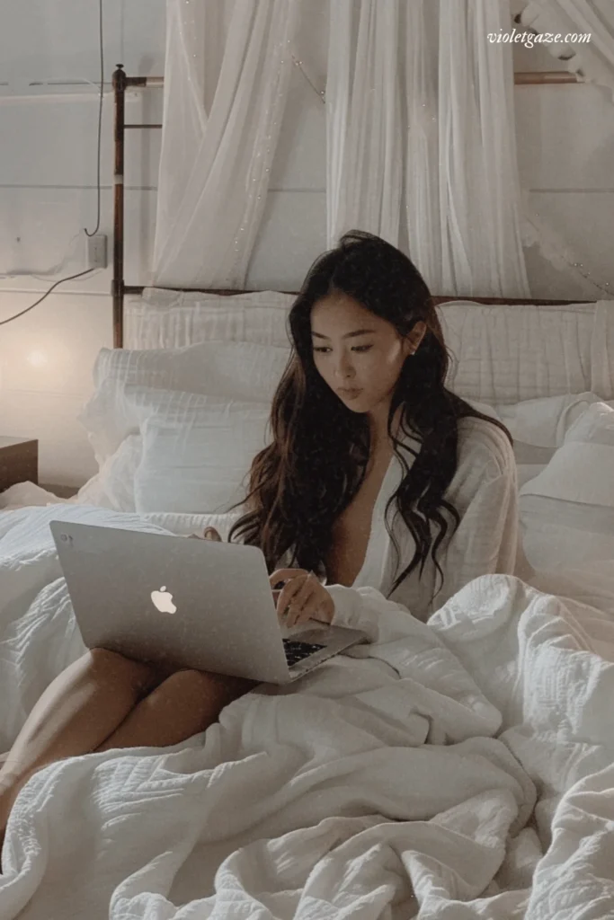 image of a girl on her laptop in her white bedroom