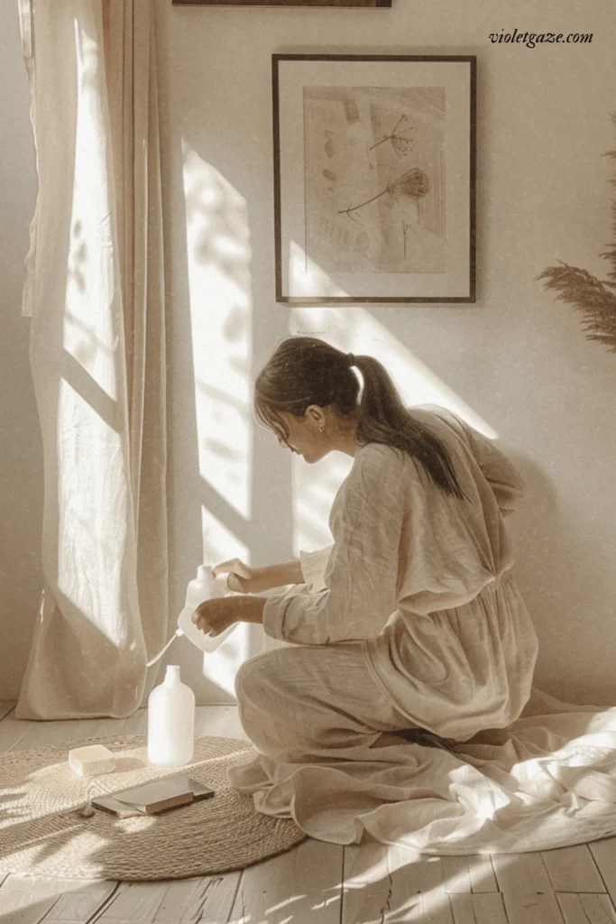 image of a girl on the floor of a clean cozy hygge nontoxic home cleaning with a spray bottle
