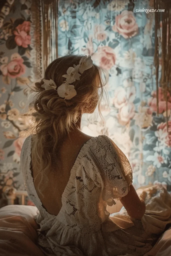 image of a girl with flowers in her hair looking out her floral curtains