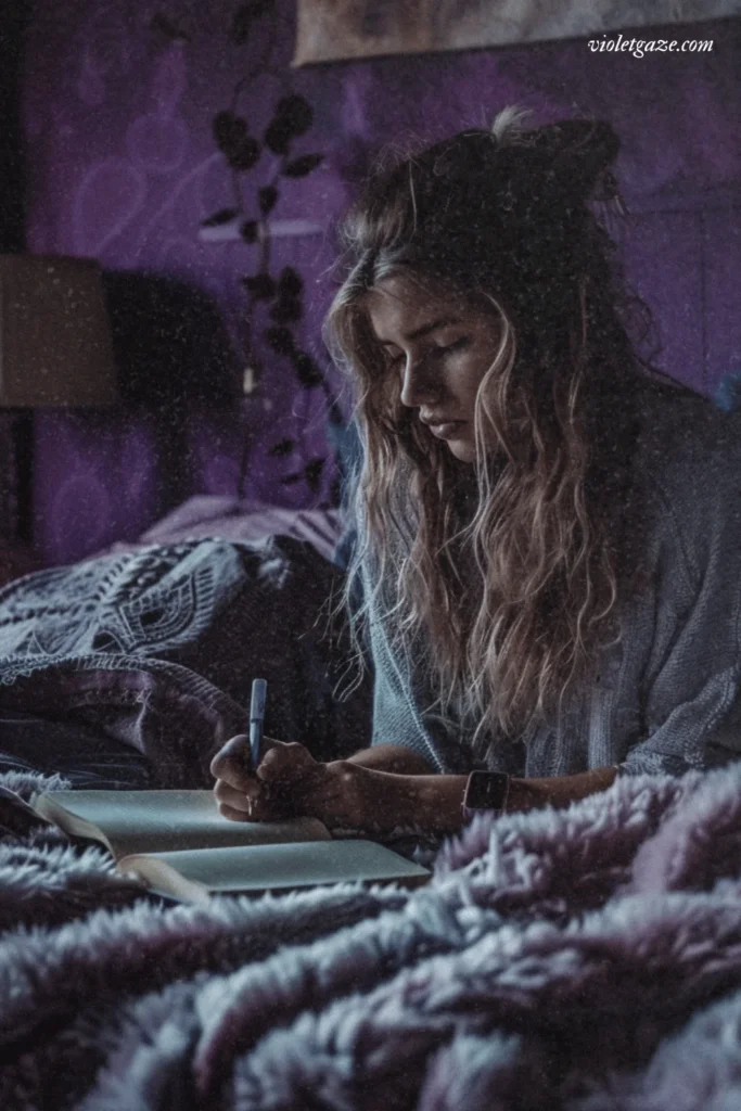 image of a girl writing something in her notebook in a purple room