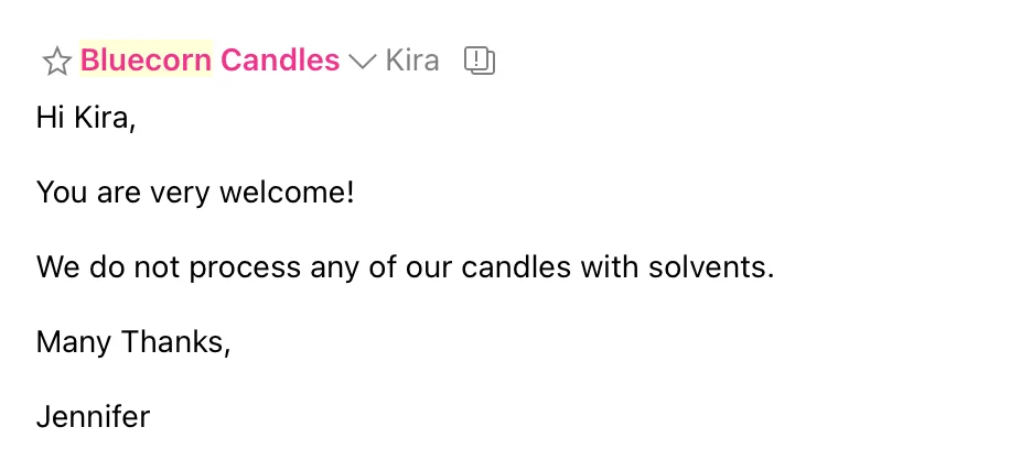 screenshot of an email from bluecorn candle brand