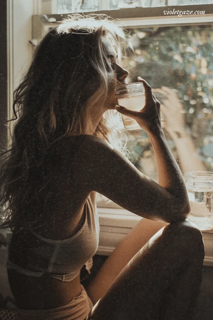 girl looking out window drinking vegan drink