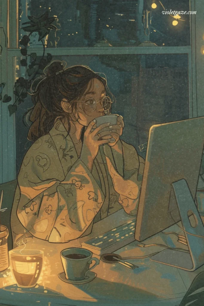 how to start freelance writing with no experience graphic of a brunette woman with glasses sipping tea at her computer
