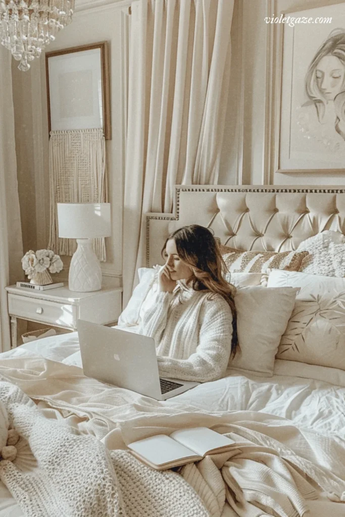 how to start freelance writing with no experience woman in her cozy white bedroom on her laptop